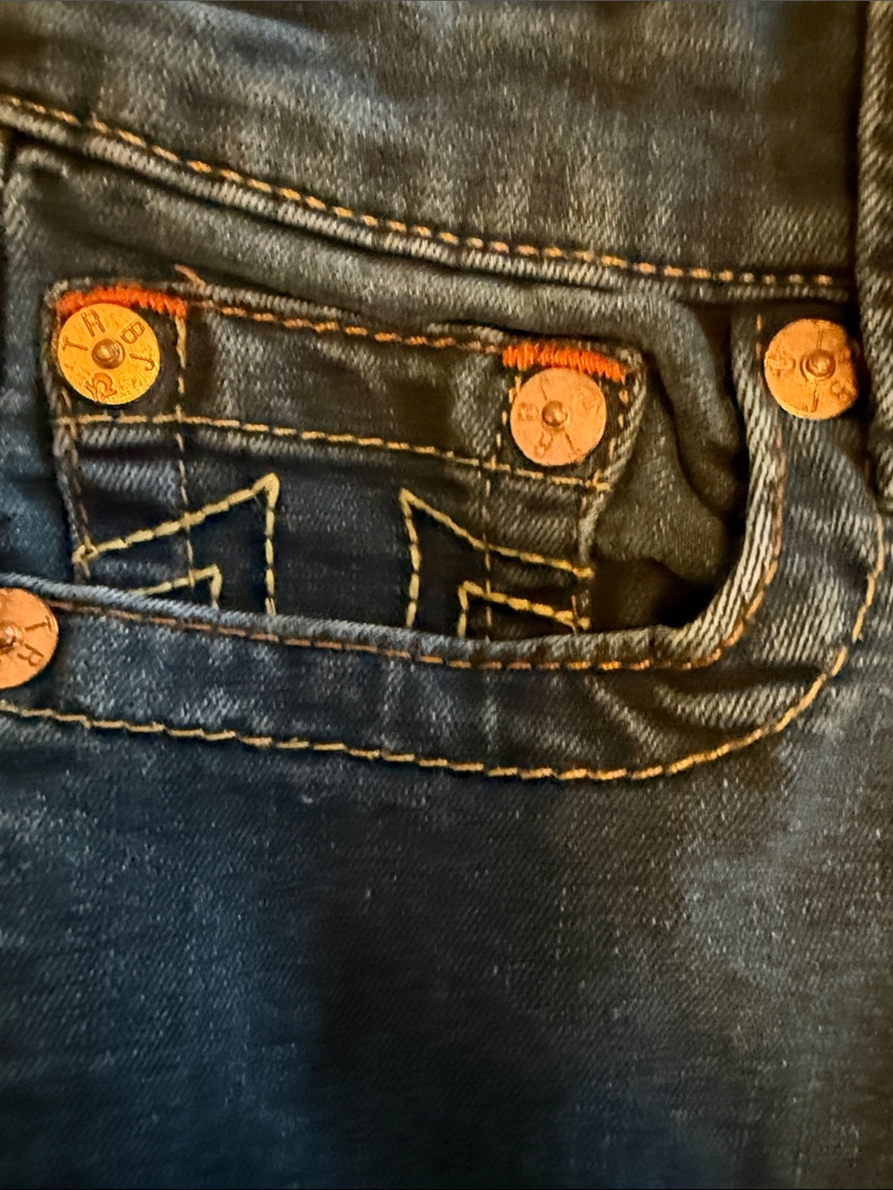 True Religion Blue Denim Jeans with Yellow Stitching and Orange Accents - Picture 4 of 7